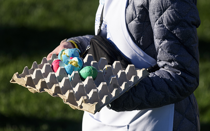 Broken eggs held by a volunteer during the annual White House Easter Egg Roll