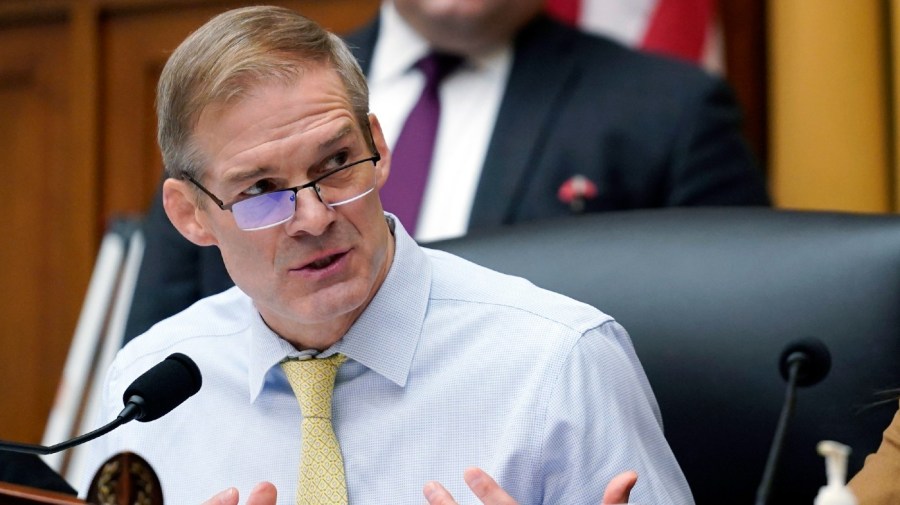 FILE - Chairman Jim Jordan, R-Ohio, left, speaks during a House Judiciary subcommittee hearing on Capitol Hill, Feb. 9, 2023, in Washington.