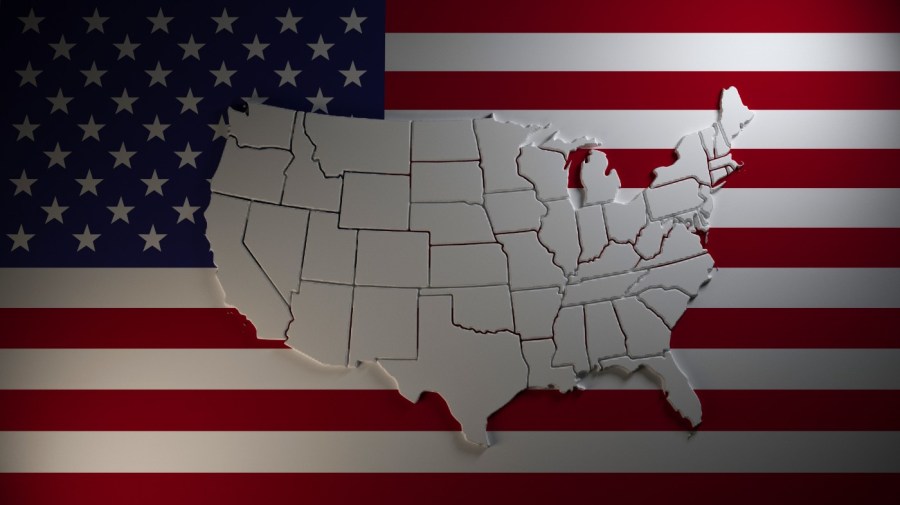 Extruded map of United States of America with states borders on national flag background