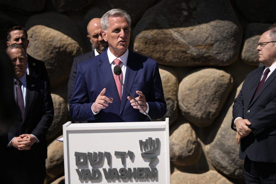 U.S. Speaker of the House Kevin McCarthy speaks during his visit to the Yad Vashem World Holocaust Remembrance Center in Jerusalem, Monday, May 1, 2023. (AP Photo/Ohad Zwigenberg)