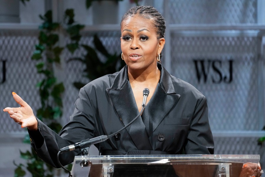 Former first lady Michelle Obama speaks during WSJ's Future of Everything Festival, Wednesday, May 3, 2023, in New York. Obama says she's working behind the scenes with a new company that will make and sell food and drinks for kids that have less sugar and more nutrients. She says the products from PLEZi Nutrition will be less detrimental to children's long-term health because they contain less sugar and more nutrients. (AP Photo/Mary Altaffer)