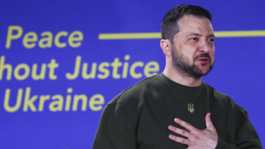 Ukraine's President Volodymyr Zelenskyy delivers a speech titled "No Peace Without Justice for Ukraine", in the Hague, Netherlands, Thursday, May 4, 2023. (Yves Herman/Pool via AP)