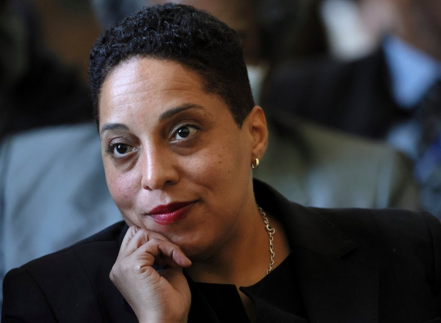 FILE - St. Louis Circuit Attorney Kim Gardner sits behind her attorneys in a courtroom, April 18, 2023, in St. Louis during the first hearing of a lawsuit by Missouri Attorney General Andrew Bailey seeking to remove Gardner from office. Gardner announced Thursday, May 4, that she will resign effective June 1 amid calls from Republican leaders for her ouster. (David Carson/St. Louis Post-Dispatch via AP, Pool, File)