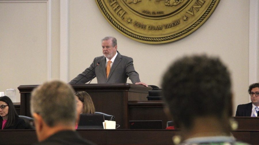 North Carolina Senate leader Phil Berger presides over a Senate floor debate on new abortion restrictions, Thursday, May, 4, 2023, in Raleigh, N.C. Berger told the abortion rights protesters seated in the gallery that any further disruptions would lead him to expel them from the chamber. (AP Photo/Hannah Schoenbaum)