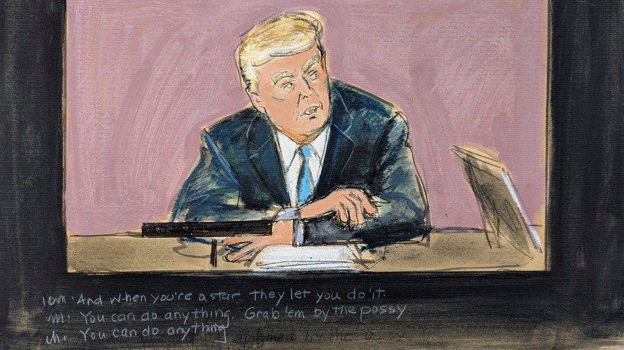 In this courtroom sketch, Donald Trump's deposition video tape plays on a screen, in Manhattan federal court, Thursday, May 4, 2023 in New York. (Elizabeth Williams via AP)