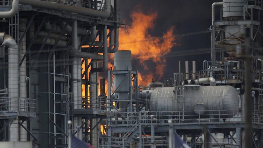 A fire burns at a Shell chemical facility in Deer Park, Friday, May 5, 2023 east of Houston. A chemical plant in the Houston area has caught fire, sending a huge plume of smoke into the sky. The Harris County Sheriff’s Office said Friday the fire was at a Shell USA Inc. facility in Deer Park, a suburb east of Houston. (Elizabeth Conley/Houston Chronicle via AP)