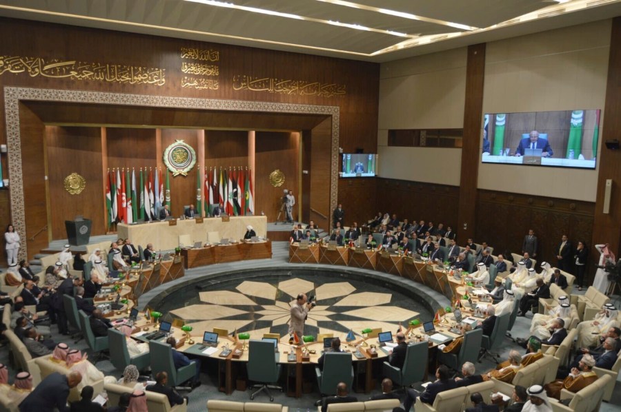 In this photo released by Egypt's Ministry of Foreign Affairs, delegates and foreign ministers of member states convene at the Arab League headquarters in Cairo, Egypt, Sunday, May 7, 2023. The ministers are voting on restoring Syria's membership to the organization after it was suspended over a decade ago. The meeting comes after a rapid rapprochement between Syria and regional governments since February. (Egyptian Ministry of Foreign Affairs via AP)