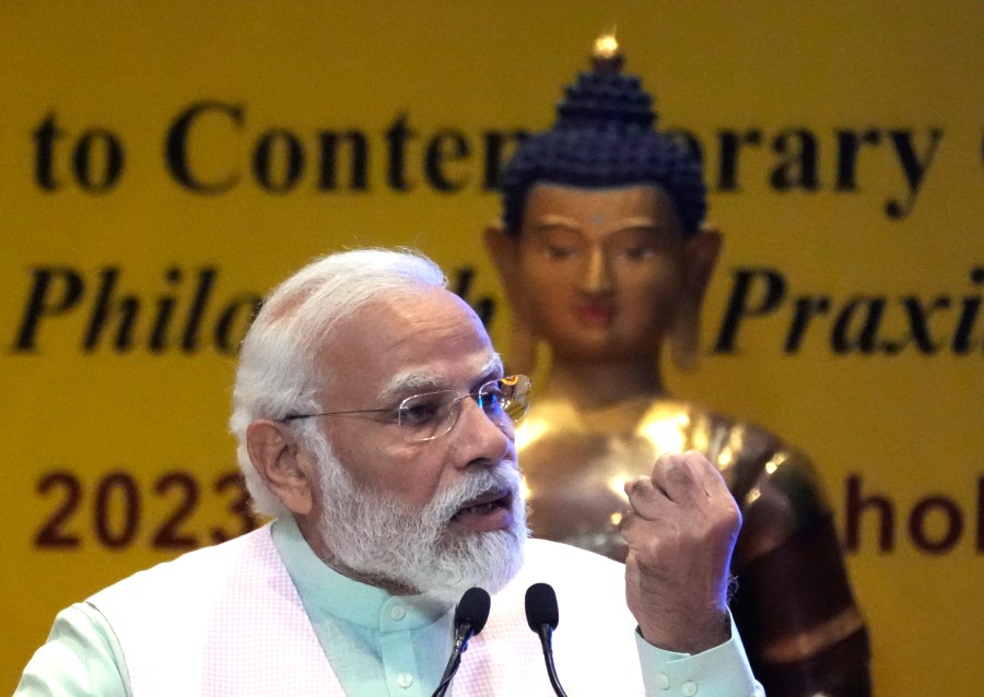 Indian Prime Minister Narendra Modi speaks during the inauguration of the Global Buddhist Summit, in New Delhi, India, Thursday, April 20, 2023. (AP Photo/Manish Swarup)