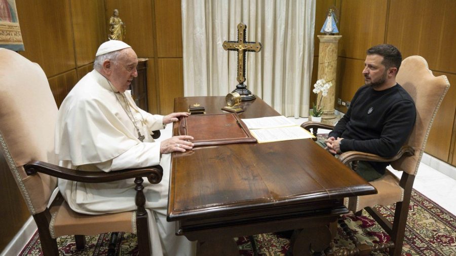 This image made available by Vatican News shows Pope Francis meeting Ukrainian President Volodymyr Zelenskyy during a private audience at The Vatican, Saturday, May 13, 2023. Francis recently said that the Vatican has launched a behind-the-scenes initiative to try to end the war launched last year by Russia. (Vatican News via AP)