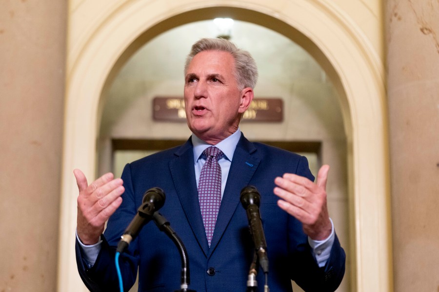 FILE - House Majority Leader Kevin McCarthy of Calif., speaks to reporters outside his office at the Capitol Building in Washington, Tuesday, May 9, 2023, after meeting about the debt limit with President Joe Biden at the White House. (AP Photo/Andrew Harnik, File)