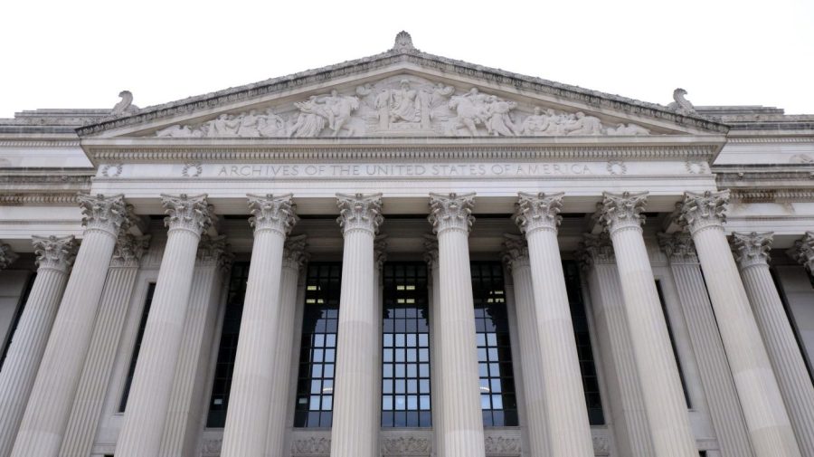 FILE - The north face of the Archives of the United States is seen in this general view March 11, 2019, in Washington. The National Archives has been called more than 80 times in the past decade-plus about classified materials found in the papers of former members of Congress and other U.S. officials, according to newly released congressional testimony. That figure underscores the weaknesses in how the U.S. government tracks and safeguards its most important secrets (AP Photo/Mark Tenally, File)