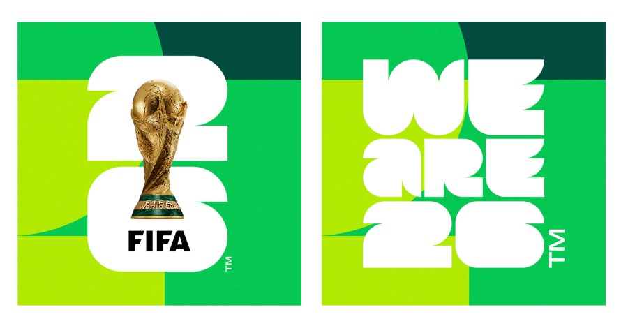 Images provided by FIFA on Wednesday, May 17, 2023, show the logo, left, and slogan for the soccer 2026 World Cup. (FIFA via AP)