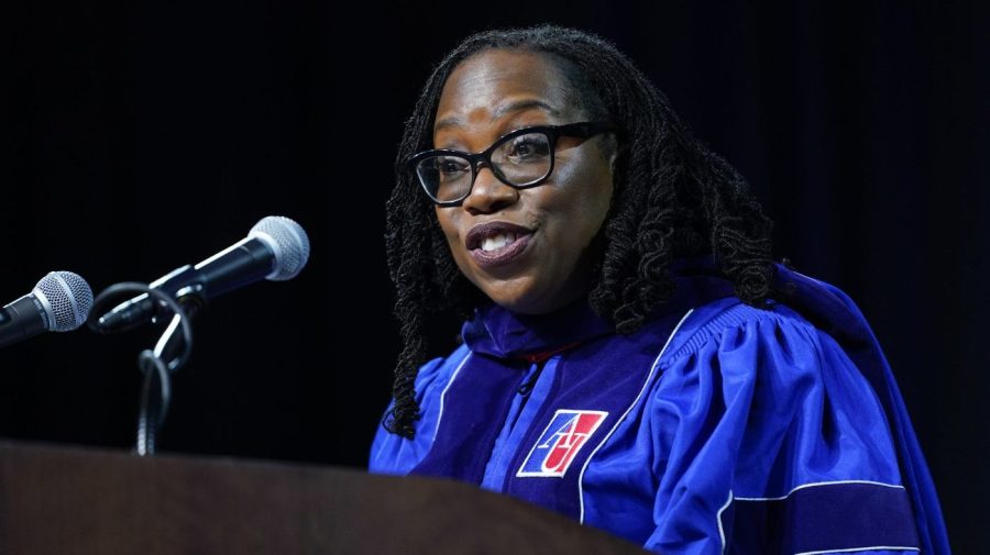 Supreme Court Associate Justice Ketanji Brown Jackson speaks at the commencement ceremony for American University's Washington College of Law, Saturday, May 20, 2023, in Washington. (AP Photo/Patrick Semansky)