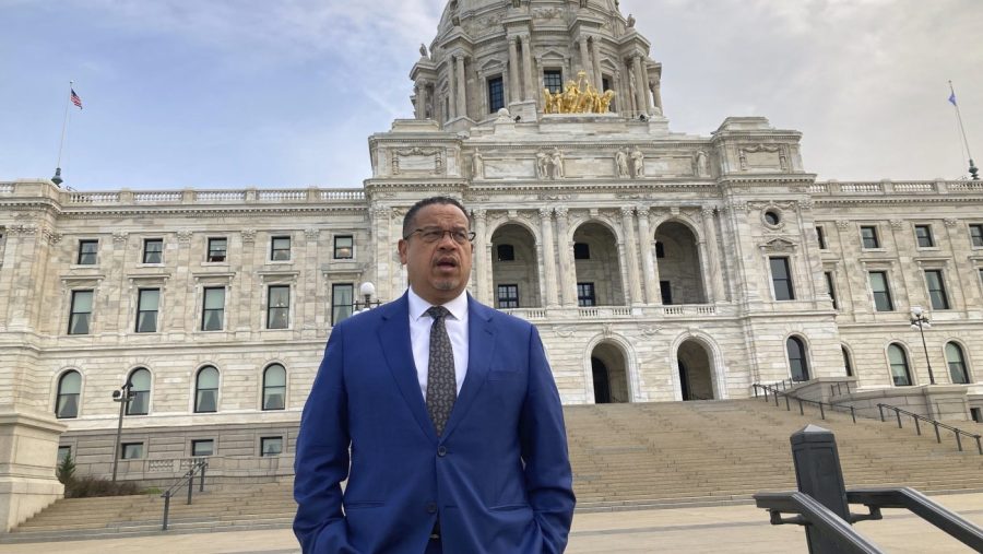 Minnesota Attorney General Keith Ellison stands outside the State Capitol in St. Paul, on Thursday, May 18, 2023, for an interview with The Associated Press on his new book, "Break the Wheel: Ending the Cycle of Police Violence," will be released Tuesday, May 23, 2023. Minnesota prosecutors were so worried a judge would move the murder trial of former Officer Derek Chauvin out of the city where he killed George Floyd that they conducted a mock trial in a deep red rural county to test their strategy, Ellison reveals in the new book. (AP Photo/Steve Karnowski)