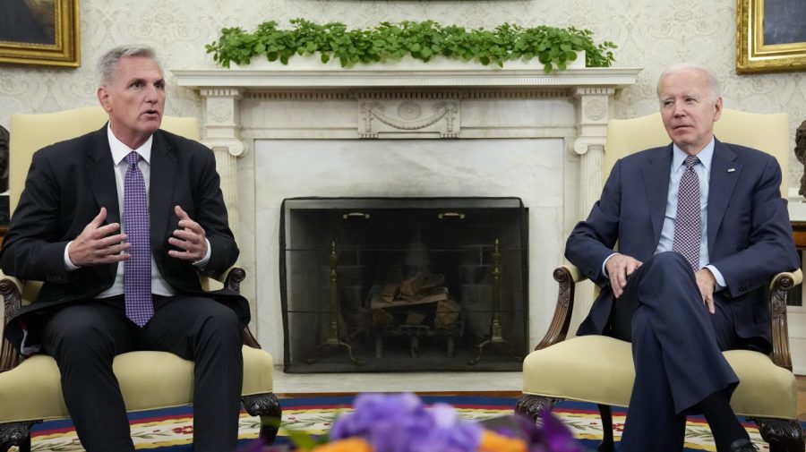 House Speaker Kevin McCarthy of Calif., speaks as he meets with President Joe Biden to discuss the debt limit in the Oval Office of the White House, Monday, May 22, 2023, in Washington. (AP Photo/Alex Brandon)