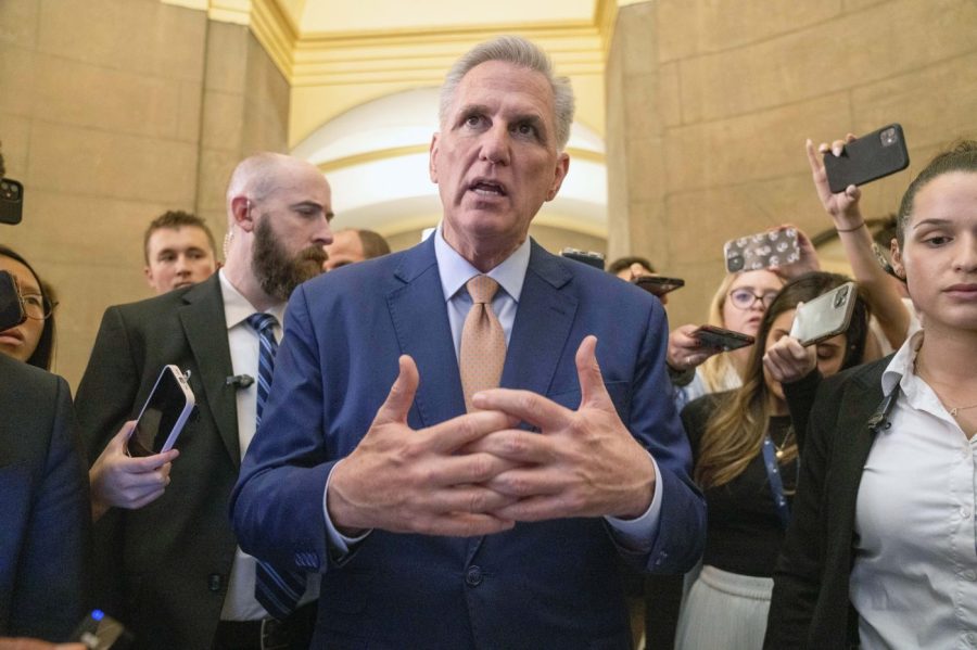 House Speaker Kevin McCarthy of Calif., speaks to reporters, Tuesday, May 23, 2023, as returns to his office from the House floor on Capitol Hill in Washington, as debt limit negotiations continue. (AP Photo/Jacquelyn Martin)