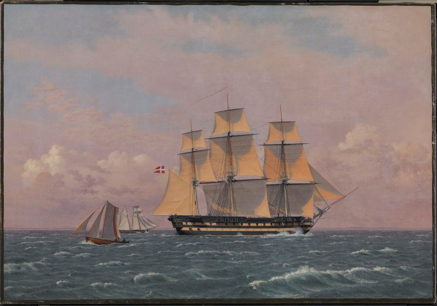 This image provided by the Statens Museum For Kunst shows the 1834 painting "The 84-Gun Danish Warship 'Dronning Marie' in the Sound" by Christoffer Wilhelm Eckersberg. Danish painters in the 19th century had some special ingredients up their sleeves: They used materials from brewing beer to create their artwork, according to research published in the journal Science Advances on Wednesday, May 24, 2023. (Christoffer Wilhelm Eckersberg/Statens Museum for Kunst via AP)