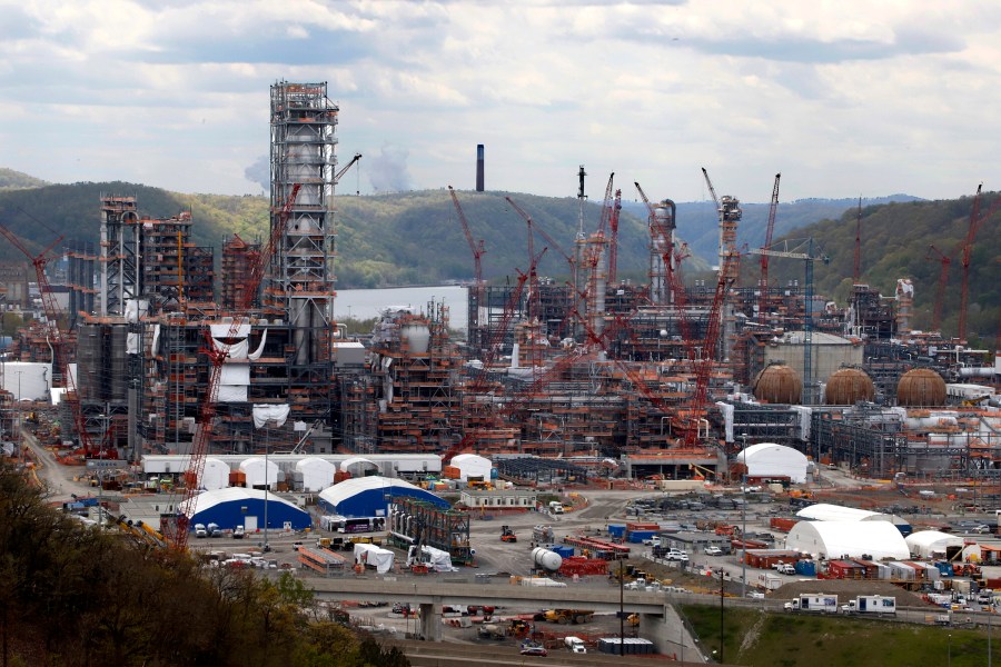 FILE - Construction is under way on Shell Pennsylvania Petrochemicals Complex and ethylene cracker plant on May 12, 2020, in Potter Township, Pa. Shell has agreed to pay $10 million to resolve allegations that it polluted the air around its massive new petrochemical refinery in western Pennsylvania. The administration of Gov. Josh Shapiro announced the penalty Wednesday, May 24, 2023. (AP Photo/Gene J. Puskar, File)