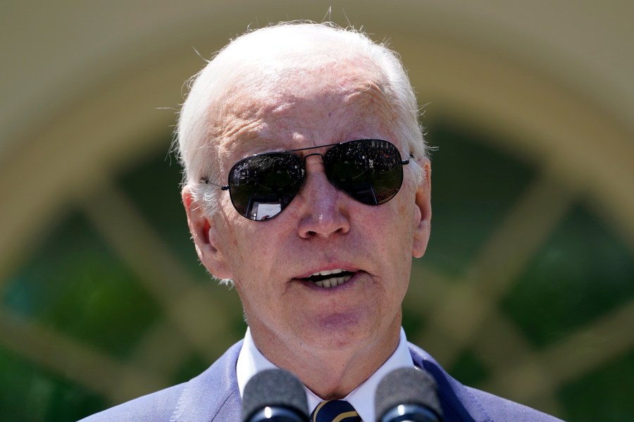 President Joe Biden speaks in the Rose Garden of the White House in Washington, Thursday, May 25, 2023, on his intent to nominate U.S. Air Force Chief of Staff Gen. CQ Brown, Jr., to serve as the next Chairman of the Joint Chiefs of Staff. (AP Photo/Susan Walsh)