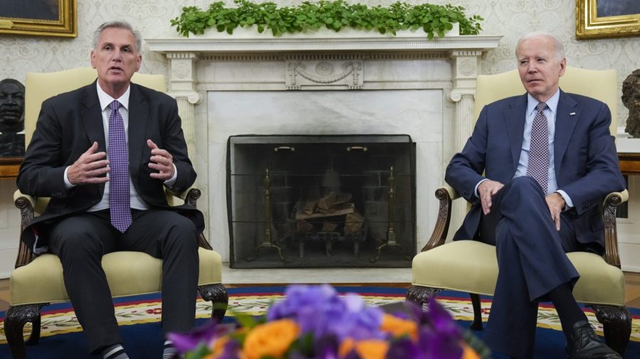 House Speaker Kevin McCarthy of Calif., speaks as he meets with President Joe Biden to discuss the debt limit in the Oval Office of the White House, Monday, May 22, 2023, in Washington. (AP Photo/Alex Brandon)