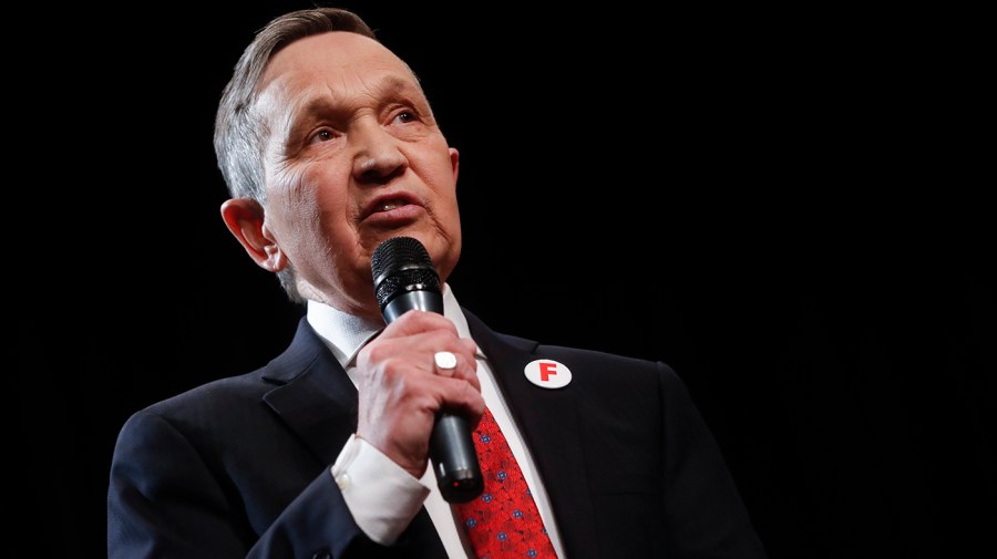 This April 10, 2018, file photo shows former U.S. Rep. Dennis Kucinich of Ohio speaking during the Ohio Democratic Party's fifth debate in the primary race for governor in Middletown, Ohio.