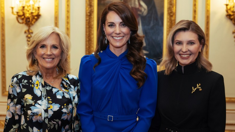 Britain's Kate, Princess of Wales, center, poses with first lady Jill Biden, left, and Ukraine First Lady, Olena Zelenska, during the reception for heads of state at Buckingham Palace in London, Friday, May 5, 2023.