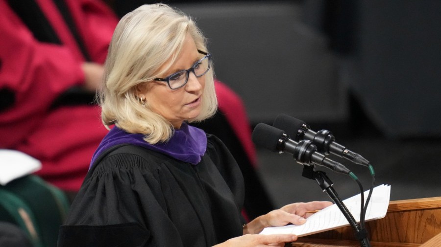 Former U.S. Rep. Liz Cheney, R-Wyo., delivers the commencement address at Colorado College, Sunday, May 28, 2023, in Colorado Springs, Colo.