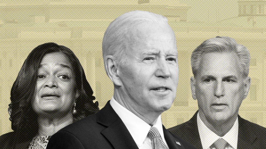 A black and white cutout of President Biden appears in the center, flanked by Rep. Pramila Jayapal on the left and Speaker Kevin McCarthy on the right, over a pale yellow background.