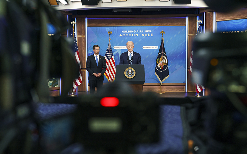 President Biden gives remarks to announce new initiatives regarding delayed or canceled flights