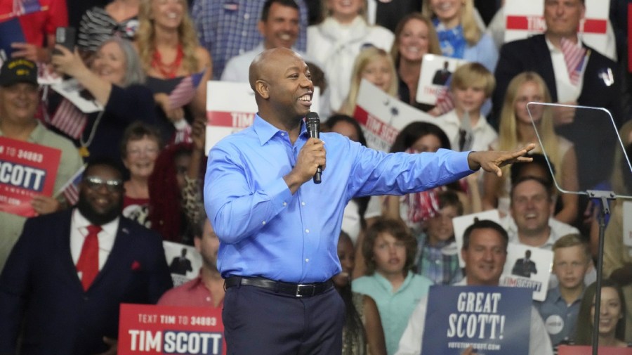 Sen. Tim Scott, R-S.C. Scott gives remarks at his presidential campaign announcement event at his alma mater, Charleston Southern University, on Monday, May 22, 2023, in North Charleston, S.C.