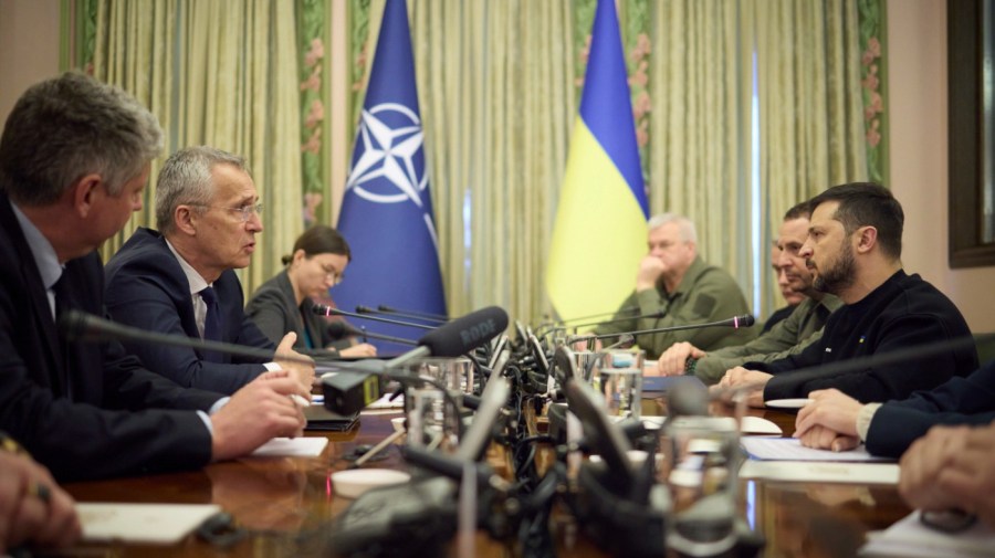 NATO Secretary General Jens Stoltenberg, second left, and Ukrainian President Volodymyr Zelenskyy, right, talk during their meeting in Kyiv, Ukraine, Thursday, April 20, 2023. (Ukrainian Presidential Press Office via AP)