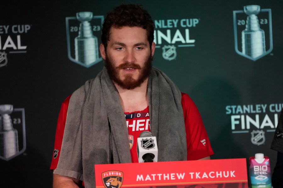 Florida Panthers left wing Matthew Tkachuk speaks during a post game news conference following Game 3 of the NHL hockey Stanley Cup Finals, Friday, June 9, 2023, in Sunrise, Fla. The Florida Panthers defeated the Vegas Golden Knights 3-2 in overtime. Tkachuk tied the game in the third period. (AP Photo/Rebecca Blackwell)