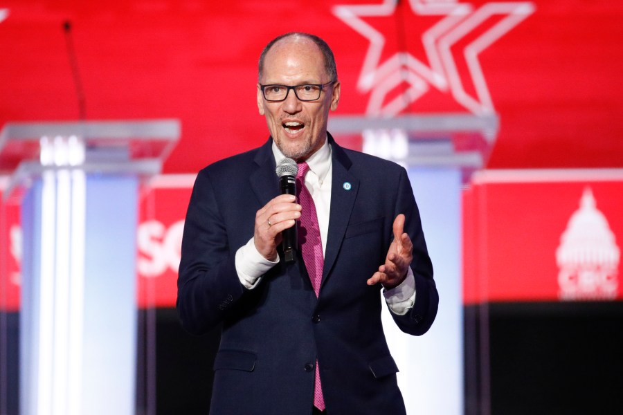 FILE - Democratic National Committee chair Tom Perez speaks before the start of the Democratic presidential primary debate at the Gaillard Center in Charleston, S.C., co-hosted by CBS News and the Congressional Black Caucus Institute on Feb. 25, 2020. President Joe Biden has named Tom Perez, the former labor secretary and Democratic National Committee chairman, to be a senior adviser and his liaison to state and local governments as the White House turns its focus toward implementing Biden's infrastructure and climate legislation. (AP Photo/Patrick Semansky, File)