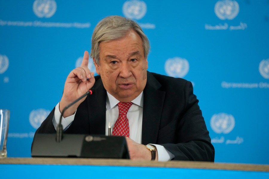 FILE - U.N secretary General Antonio Guterres addresses the media during a visit to the U.N. office in the capital Nairobi, Kenya on , May 3, 2023. Guterres implicitly criticized Cambodia’s upcoming elections Wednesday, May 31, 2023 for failing to be inclusive, after the top opposition party was not allowed to register. (AP Photo/Khalil Senosi, File)