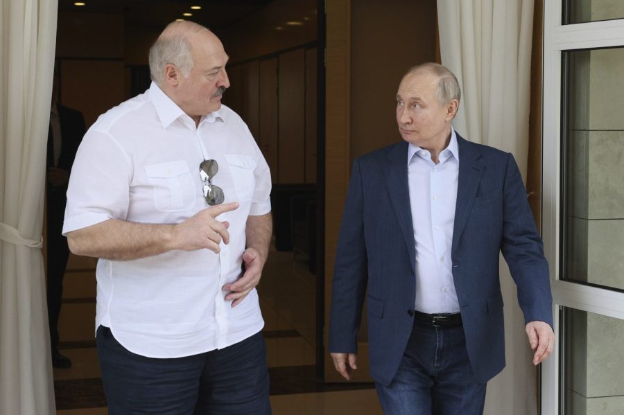 Russian President Vladimir Putin, left, and Belarusian President Alexander Lukashenko speak during their meeting at the Bocharov Ruchei residence in the resort city of Sochi, Russia, Friday, June 9, 2023. (Gavriil Grigorov, Sputnik, Kremlin Pool Photo via AP)