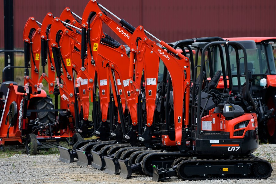 A line of Kubota compact excavators is shown in Uniontown, Pa., Friday, June 9, 2023. On Wednesday, the Labor Department releases the producer price index for May, an indicator of inflation at the wholesale level. (AP Photo/Gene J. Puskar)