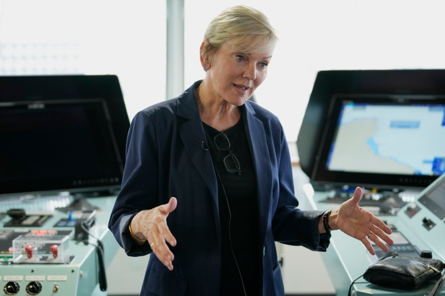 FILE - Energy Secretary Jennifer Granholm speaks during an interview with The Associated Press after touring a liquefied hydrogen carrier at a pier in Otaru, northern Japan, April 14, 2023. Sen. John Barrasso, R-Wyo., the top Republican on the Senate Energy panel is calling for an investigation of Granholm, after she told the committee she mistakenly provided false information about her family's stock holdings in testimony earlier this year.(AP Photo/Hiro Komae, File)