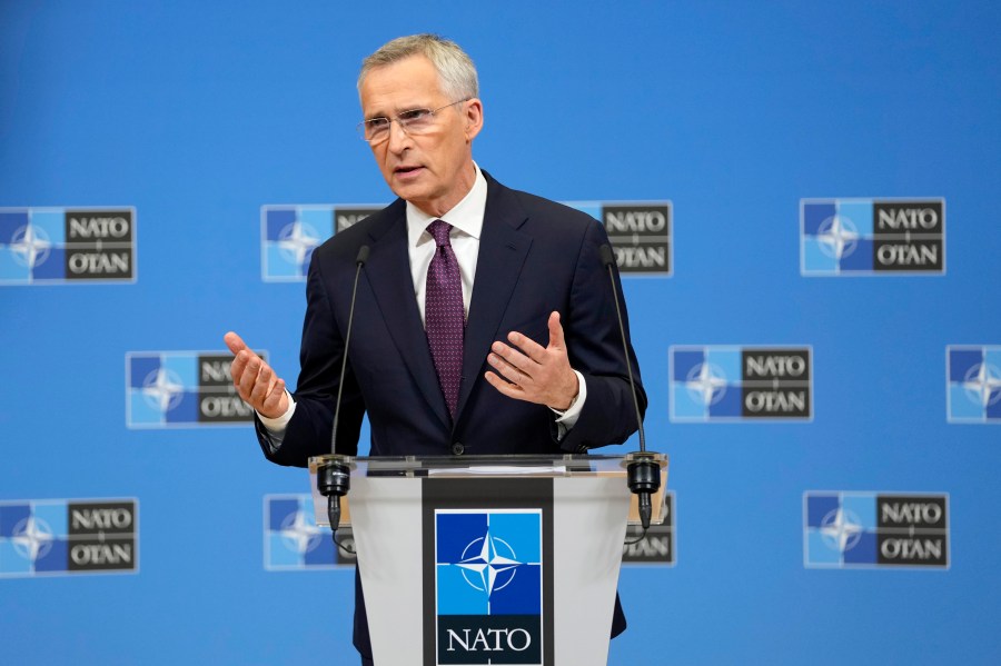 NATO Secretary General Jens Stoltenberg speaks during a pre-ministerial media conference at NATO headquarters in Brussels, Wednesday, June 14, 2023.