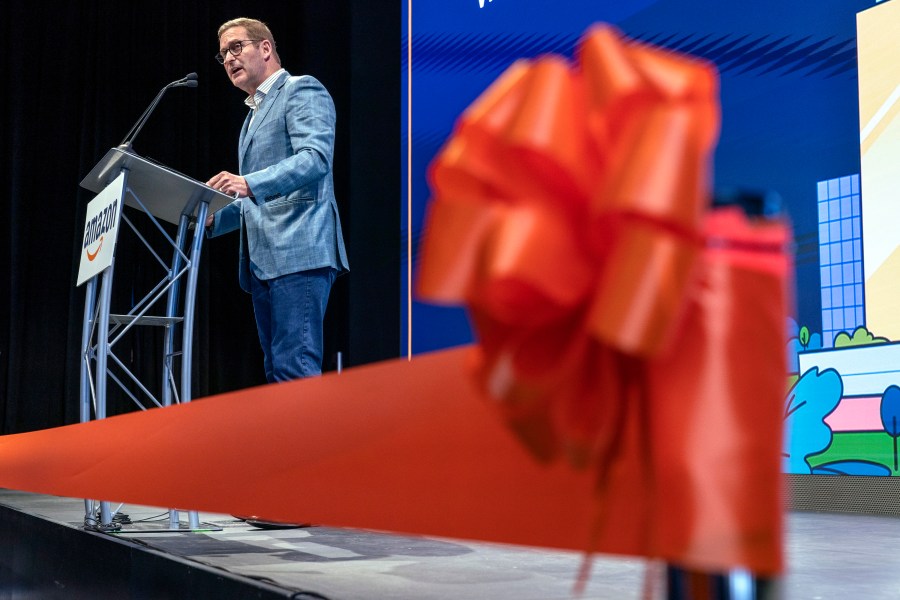 John Schoettler, Vice President of Global Real Estate and Facilities at Amazon, speaks during a grand opening ceremony at Amazon's second headquarters, HQ2, in Arlington, Va.,Thursday, June 15, 2023. (AP Photo/Jacquelyn Martin)