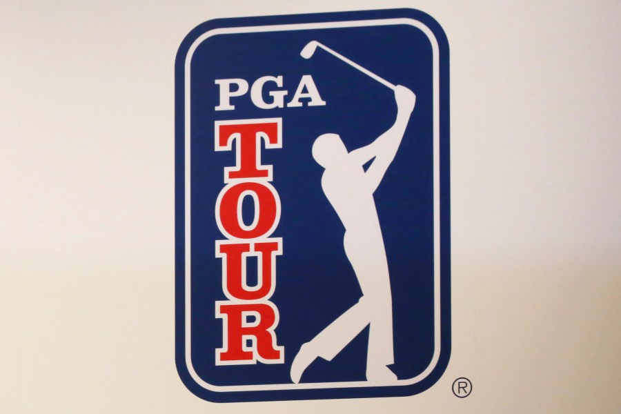 FILE - The PGA Tour logo is shown during a press conference in Tokyo, Nov. 20, 2018. The most disruptive year in golf ended Tuesday, June 6, 2023, when the PGA Tour and European tour agreed to a merger with Saudi Arabia's golf interests, creating a commercial operation designed to unify professional golf around the world. (AP Photo/Koji Sasahara, File)