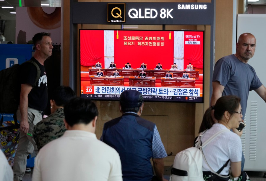 A TV screen shows an image of North Korean leader Kim Jong Un, bottom center, during a news program at the Seoul Railway Station in Seoul, South Korea, Saturday, June 17, 2023. With leader Kim in attendance, North Korea opened a key political conference to discuss improving its struggling economy and reviewing defense strategies in the face of growing tensions with rivals, according to state media reports Saturday. (AP Photo/Ahn Young-joon)