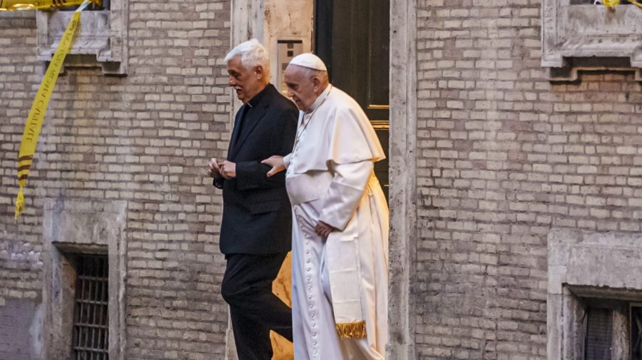 FILE - Pope Francis is flanked by Jesuits' superior general Arturo Sosa Abascal, left, after presiding a mass on March 12, 2022. Pope Francis’ Jesuit religious order said Thursday, June 15, 2023 it has expelled a prominent Slovenian priest from the congregation following allegations of sexual, spiritual and psychological abuses against adult women. (AP Photo/Domenico Stinellis, File)