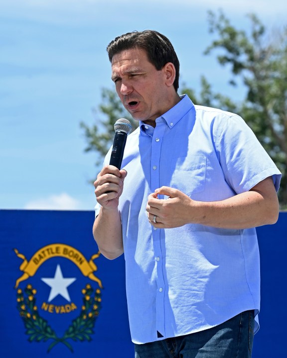 Republican presidential candidate Florida Gov. Ron DeSantis speaks at an annual Basque Fry at the Corley Ranch in Gardnerville, Nev., Saturday, June 17, 2023. (AP Photo/Andy Barron)