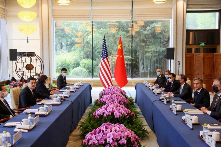 U.S. Secretary of State Antony Blinken, second right, meets with Chinese Foreign Minister Qin Gang, second left, at the Diaoyutai State Guesthouse in Beijing, China, Sunday, June 18, 2023. (Leah Millis/Pool Photo via AP)