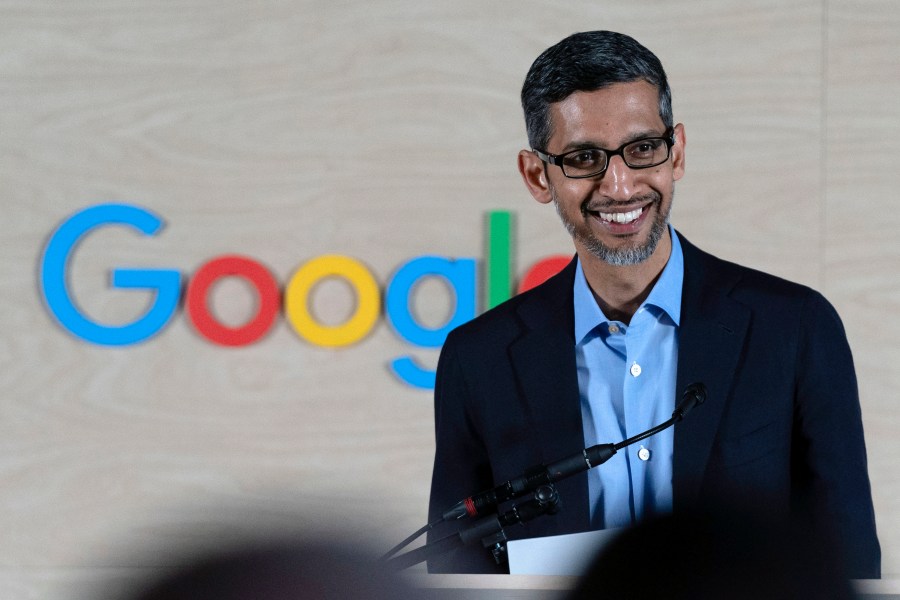 Google CEO Sundar Pichai speaks to college students about strengthening the cybersecurity workforce during a workshop at the Google office in Washington, Thursday, June 22, 2023. (AP Photo/Jose Luis Magana)