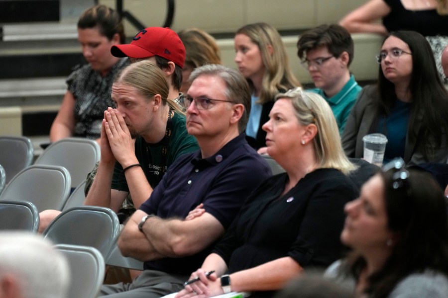 People listen during a National Transportation Safety Board investigative hearing at the East Palestine High School in East Palestine, Ohio, Thursday, June 22, 2023. The hearing is being held to investigate the Feb. 3, 2023, Norfolk Southern Railway train derailment and subsequent hazardous material release and fires. (AP Photo/Gene J. Puskar)