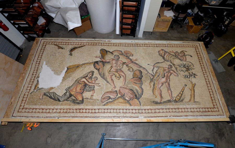 This undated photo provided by the U.S. Attorney's Office for the Central District of California shows an ancient Roman-era mosaic that was illegally imported. A California man has been found guilty of illegally importing the ancient mosaic from Syria. The U.S. attorney's office in Los Angeles says 56-year-old Mohamad Yassin Alcharihi was convicted Wednesday, June 21, 2023, of one count of entry of falsely classified goods. (U.S. Attorney's Office for the Central District of California via AP)