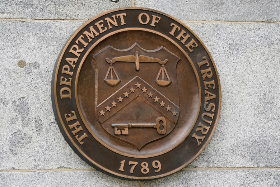 FILE - The Department of the Treasury's seal outside the Treasury Department building in Washington on May 4, 2021. Opponents of Myanmar’s military government applauded fresh financial sanctions imposed by the United States on the Southeast Asian nation but called Thursday, June 22, 2023, for further measures to pressure its ruling generals to restore peace and democracy. (AP Photo/Patrick Semansky, File)