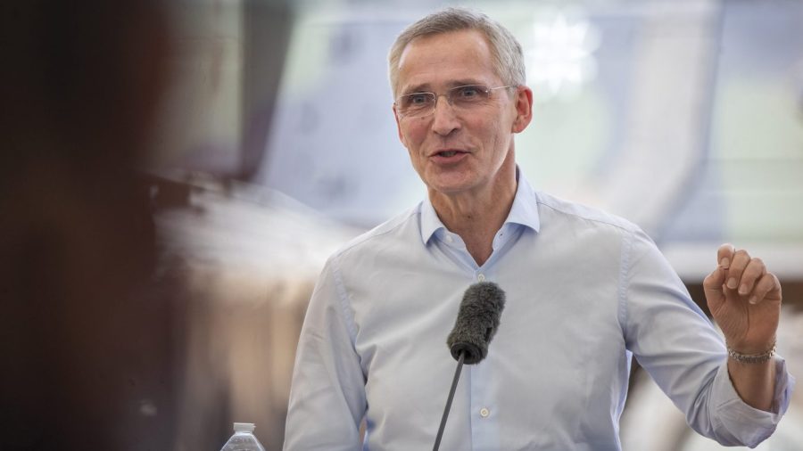 NATO Secretary General Jens Stoltenberg speaks during a press conference at Exercise Griffin Storm 2023 after visiting the Training Range in Pabrade, some 60km.(38 miles) north of the capital Vilnius, Lithuania, Monday, June 26, 2023.