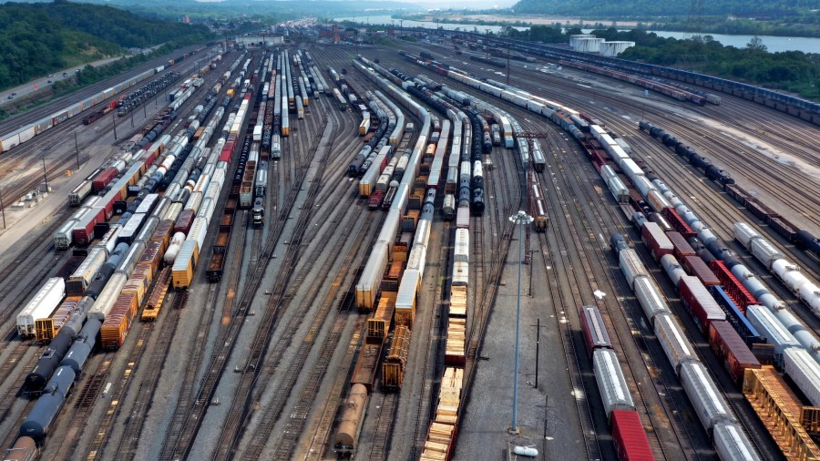 Freight cars sit in Norfolk Southern's Conway Terminal in Conway Pa., Saturday, June 17, 2023. Spurred on by train derailments, some states with busy criss-crossing freight railroads are pursuing their own safety remedies rather than wait for federal action amid industry opposition and questions about whether they even have authority to make the changes. (AP Photo/Gene J. Puskar)